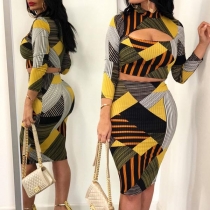 Sexy Hollow Out Long Sleeve Crop Top + High Waist Skirt Printed Two-piece Set 