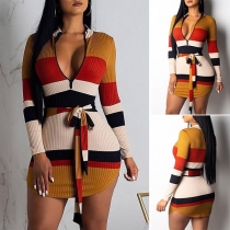Sexy Deep V-neck Long Sleeve Contrast Color Tight Dress