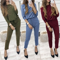 Fashion Solid Color Long Sleeve Drawstring Waist Jumpsuit 