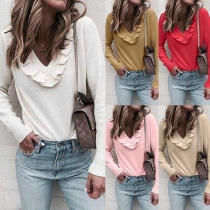 Fashion Solid Color Long Sleeve Ruffle V-neck Knit Top