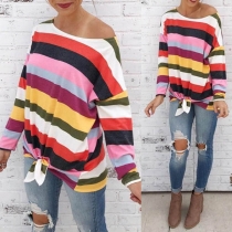 Fashion Long Sleeve Round Neck Rainbow Striped T-shirt 