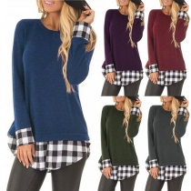 Fashion Plaid Spliced Long Sleeve Round Neck Top 