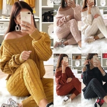 Sexy Off-shoulder Long Sleeve Sweater + Knit Pants Two-piece Set 