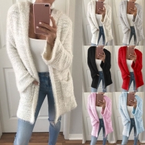 Fashion Solid Color Open Front Long Sleeve Hooded Knit Jacket