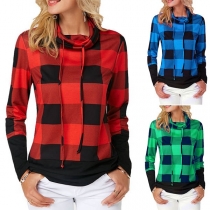 Fashion Long Sleeve Drawstring Cowl Neck Plaid Sweatshirt 