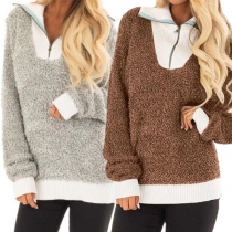Fashion Contrast Color Long Sleeve Stand Collar Plush Sweatshirt 