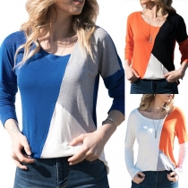 Fashion Contrast Color Long Sleeve Round Neck Casual T-shirt 