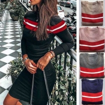 Fashion Contrast Color Long Sleeve Round Neck Slim Fit Knit Dress
