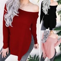 Sexy Oblique Shoulder Long Sleeve Slit Hem Solid Color Knit Top 