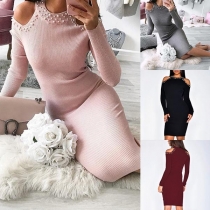 Sexy Off-shoulder Long Sleeve Beaded Slim Fit Knit Dress