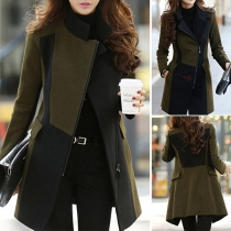 Fashion Contrast Color Long Sleeve Oblique Zipper Slim Fit Overcoat 