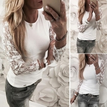 Fashion Solid Color Round-neck Long Sleeve Embroidered Slim Fit Shirt