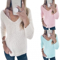 Fashion Solid Color Long Sleeve V-neck Plush Sweatshirt 