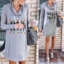 Fashion Letters Printed Long Sleeve Cowl Neck Loose Dress