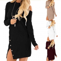 Sexy Backless Off-shoulder Long Sleeve Side Slit Hem Dress