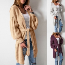 Fashion Solid Color Lantern Sleeve Knit Cardigan with Waist Strap