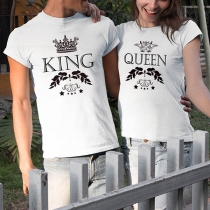 Fashion Crown Letters Printed Short Sleeve Round Neck Couple T-shirt