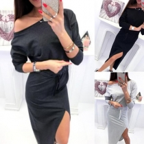 Sexy Oblique Shoulder Slit Hem Long Sleeve Solid Color Dress