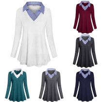 Fashion Contrast Color Fake Lapel Collar Long Sleeve Pleated Hemline Shirt