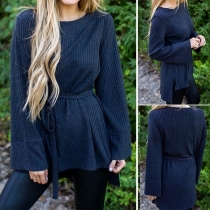 Fashion Solid Color Long Sleeve Round Neck High-low Hem Knit Top with Waist Strap 