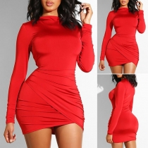 Fashion Solid Color Long Sleeve Crossover Hem Tight Dress
