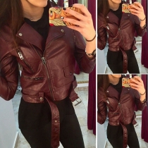 Fashion Solid Color Long Sleeve Oblique Zipper PU Leather Jacket 