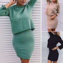 Fashion Solid Color Long Sleeve Sweater + Sling Knit Dress Two-piece Set 