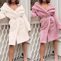 Fashion Solid Color Long Sleeve Notched Lapel Plush Cardigan 