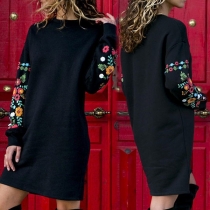 Fashion Printed Spliced Long Sleeve Round Neck Dress