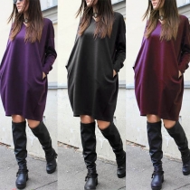 Fashion Solid Color Long Sleeve Vp-neck Loose Sweatshirt Dress