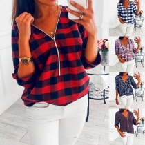 Fashion Long Sleeve Zipper V-neck Plaid Top
