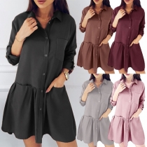 Fashion Solid Color POLO Collar Front-pocket Shirt Dress