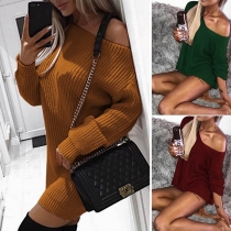 Sexy Oblique Shoulder Long Sleeve Solid Color Slim Fit Sweater Dress