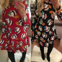 Cute Style Santa Claus Printed Long Sleeve Round Neck Dress
