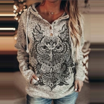 Fashion Owl Pattern Long Sleeve Round Neck T-shirt