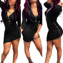 Sexy Deep V-neck Long Sleeve Irregular Hem Tight Dress