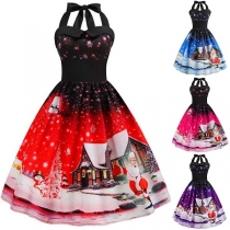 Sexy Backless High Waist Printed Halter Dress