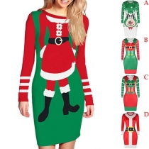 Cute Cartoon Printed Long Sleeve Round Neck Slim Fit Dress