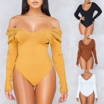Sexy V-neck Long Sleeve Solid Color Bodysuit 