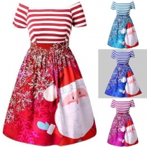 Sexy Off-shoulder Short Sleeve High Waist Printed Chirstmas Dress