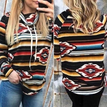 Fashion Long Sleeve Cowl Neck Colorful Striped Printed Sweatshirt 