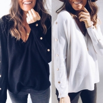 Fashion Solid Color Button Long Sleeve V-neck T-shirt 