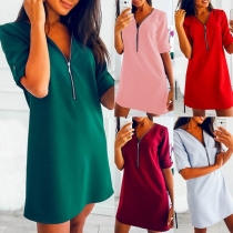 Fashion Solid Color Long Sleeve Zipper V-neck Dress