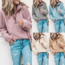 Fashion Solid Color Long Sleeve Stand Collar Plush Sweatshirt