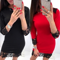 Fashion Solid Color Round-neck Embroidered Slim Fit Over-hip Dress