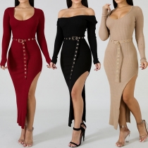 Sexy Side Slit Hem Long Sleeve Tight Dress with Waistband