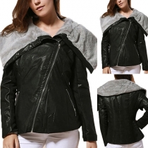 Fashion Long Sleeve Symmetric Plush Lapel Slim Fit PU Leather Coat 