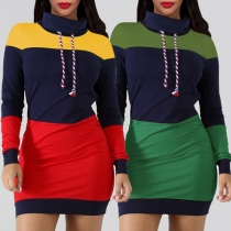 Fashion Contrast Color Long Sleeve High Neck Slim Fit Sweatshirt Dress