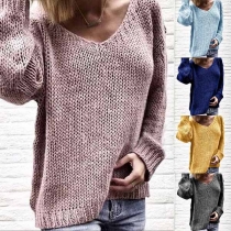 Fashion Solid Color Long Sleeve V-neck Loose Sweater