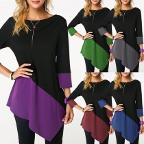 Fashion Contrast Color 3/4 Sleeve Round Neck Irregular Hem T-shirt